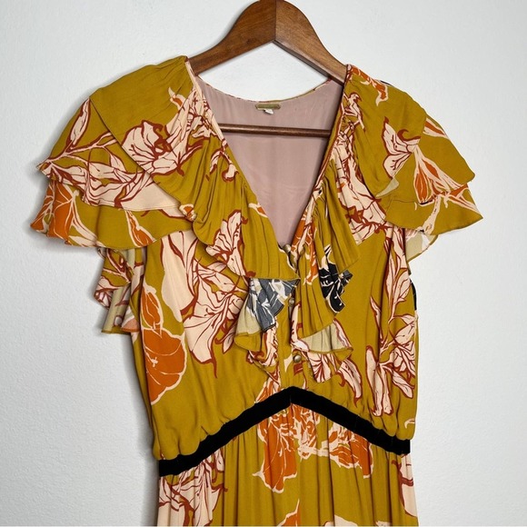 Johanna Ortiz Whiskey Sour Golden Blossom Velvet Trim Pleated Maxi Dress - Picture 6 of 15